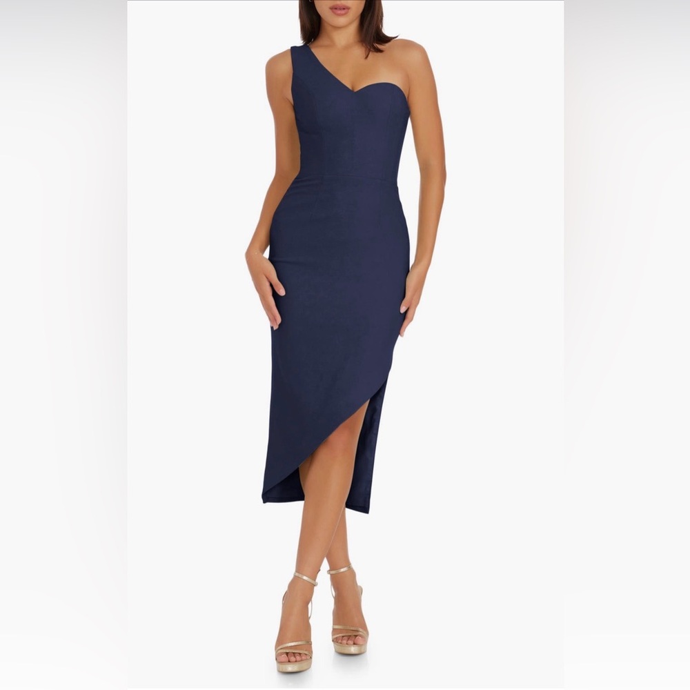 Dress the Population Asymmetrical Midi Dress in Midnight / Navy Blue
